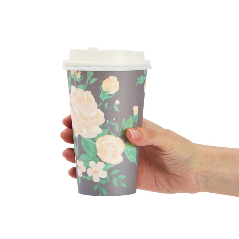 BLUE PANDA Paper Coffee Cups - 16 Oz, 48 Count, 4 Pastel Floral Colors - Disposable Cups with Lids for Hot & Cold Coffee & Tea to Go - Image 5